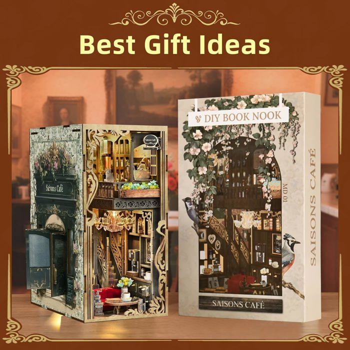 Book Nook Kit DIY Monde Magique avec Lumière LED et Housse Protection, Maison Poupée Miniature Puzzles Bois 3D, Maquette a Construire avec Meubles, Serre Livres Art avec Meublé pour Personnes 14