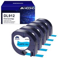 5x MOOHO Compatible pour Dymo LetraTag Ruban Plastique 91205, 12mm x 4 m,pour Dymo LetraTag LT-100H,  noir sur bleu