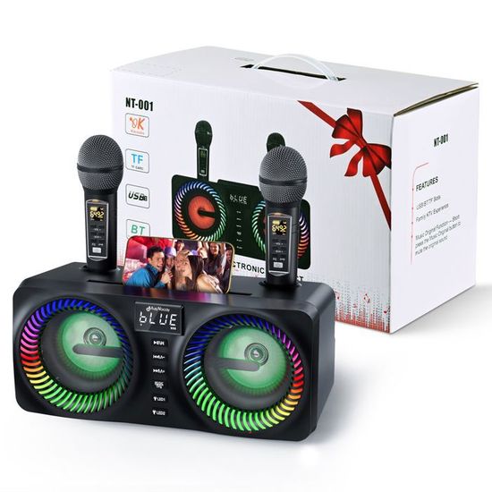 Enceinte Karaoké Bluetooth Avec 2 Micros Sans Fil – Lumières LED, Basses Puissantes, Portable, Pour Fêtes