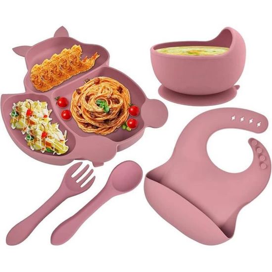 Vaisselle Bébé Lave-vaisselle Micro-ondes Set Repas Bébé Baogaier 6 Pièces - Assiette Et Bol Ventouse, Couverts Silicone Sans BPA Assiette Bol Ventouse