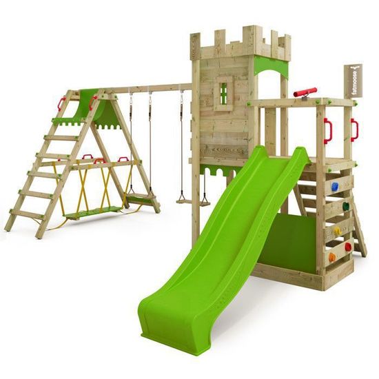 FATMOOSE Tour De Jeu Extérieur FruityForest Fun XXL – Avec Toboggan 220 Cm, Balançoire Surf, Bac à Sable, Mur D'Escalade – Bois Imprégné – FSC – Allemagne
