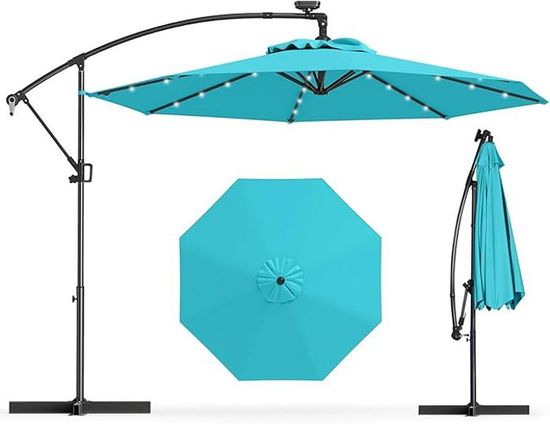 Parasol Déporté 3m GOPLUS Avec LED Solaire - Base Croisée, Inclinable, Parfait Pour Terrasse Et Jardin