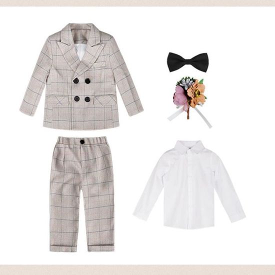 Ensemble Garçon Chemise + Salopette Imprimée Carreaux - Mignon Printemps Automne Coton