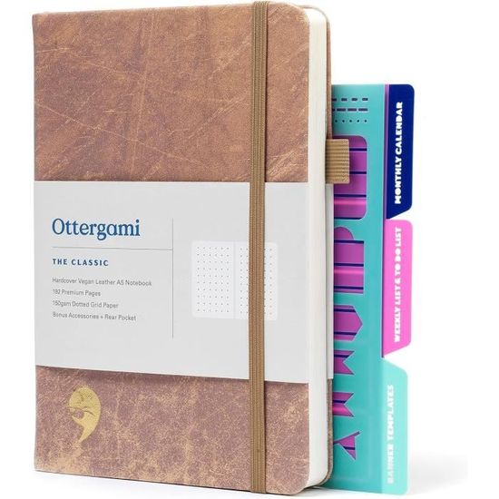 Bullet Journal A5 Pointillé Ottergami - 200 Pages Papier Épais | Carnet Cuir Vegan Avec Pochoirs Et Autocollants