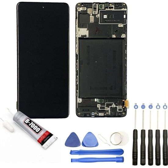 Vitre tactile + Ecran LCD sur châssis compatible avec Samsung Galaxy A71 SM-A715F taille 6.7" Noir + Kit outils + Colle B7000