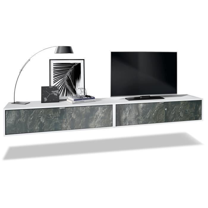 vladon ensemble de 2 set meuble tv lana 120 armoire murale lowboard 120 x 29 x 37 cm en blanc mat, façades en marbre graphite