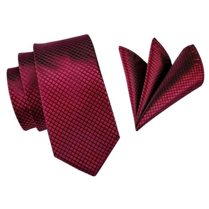 Cravate Rouge Bordeaux + Mouchoir,100%Soie Jacquard