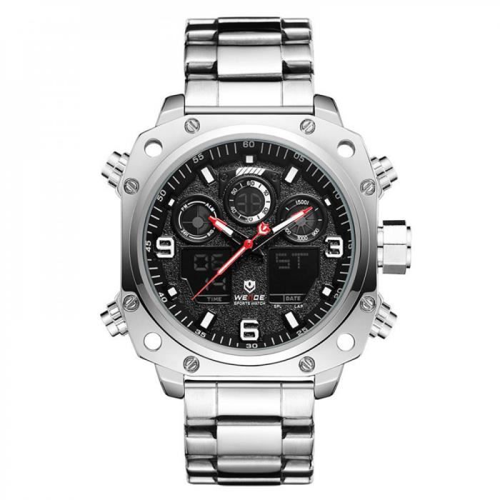 Montres Pour Hommes noir Montres de sport WEIDE Double Affichage LCD Rétro-Éclairage Montre Hommes Acier Inoxydable Sport Loisirs