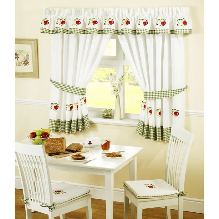 Fruits Crayon Plis Rideaux Cuisine Et Embrasses, Vert/Blanc , 46 x 48-Inch
