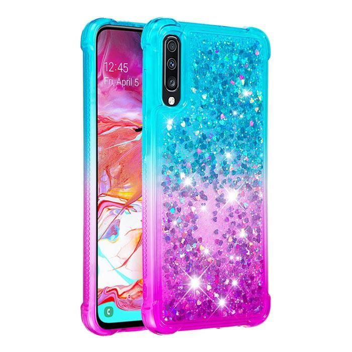 Coque Samsung Galaxy A70, Transparente Silicone Liquide Paillette Gradient Couleur Ultra-fin Antichoc, Bleu Violet