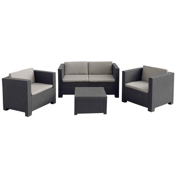 Ankara 4 coffre : Salon de jardin 4 places effet résine injectée gris anthracite + coffre