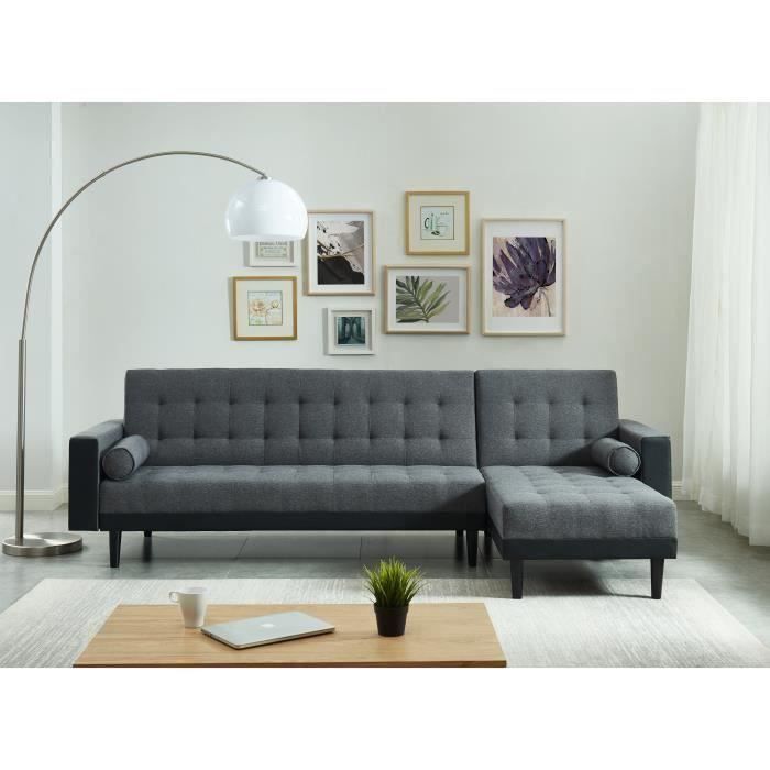 DAVENPORT Canapé d'angle convertible LUXURY 5 places tissu gris et PU noir pieds bois