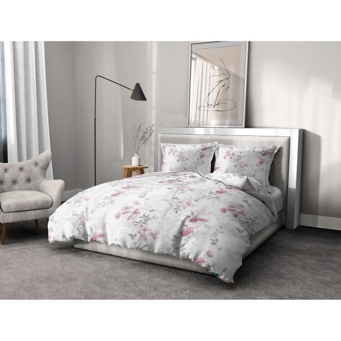 Housse de Couette 3 Pièces - 100% Coton 57 Fils - 2 Personnes 240x260 cm - POMPADOUR Vieux rose Blanc