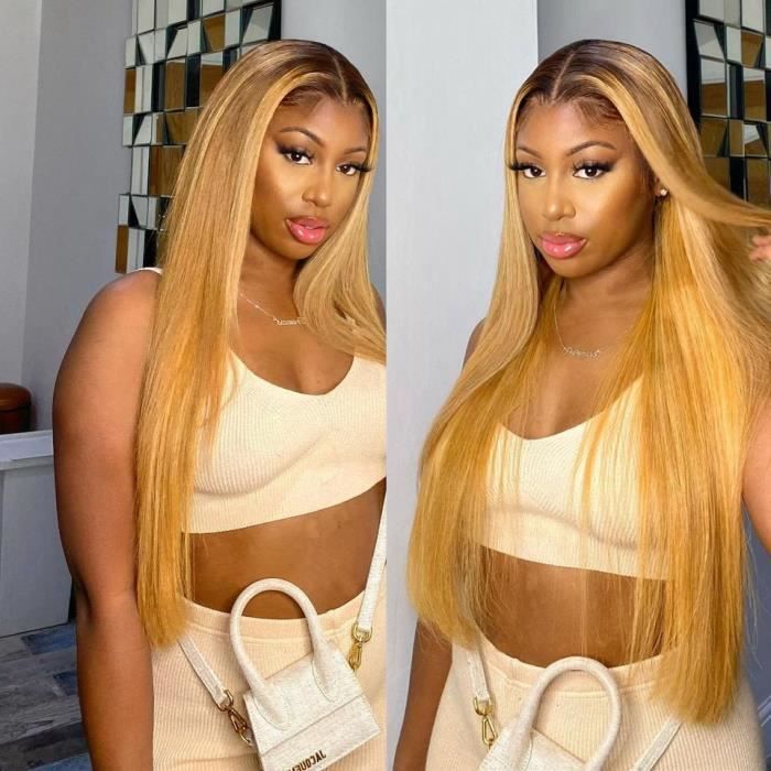24'' Perruque Lace Front Wig Naturelle Lisse Et Longue Cheveux Humains Couleur Blond Miel Ombré 1b 27
