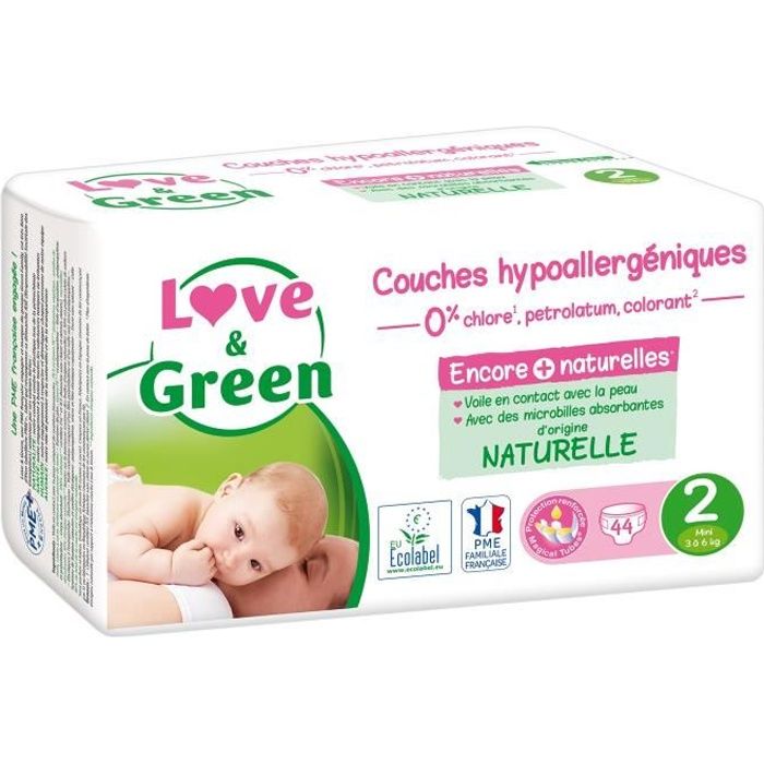 LOVE AND GREEN Couches Taille 2 - Certifiées Ecolabel et hypoallergéniques T2 x 44 (3 à 6 kilos)