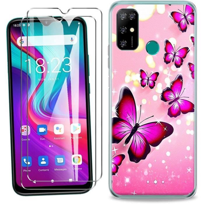 2 Pack verre trempé + Coque Pour Doogee X96 Pro Coque téléphone Silicone Ultra-Mince Mode - Papillon rose case MIDY2