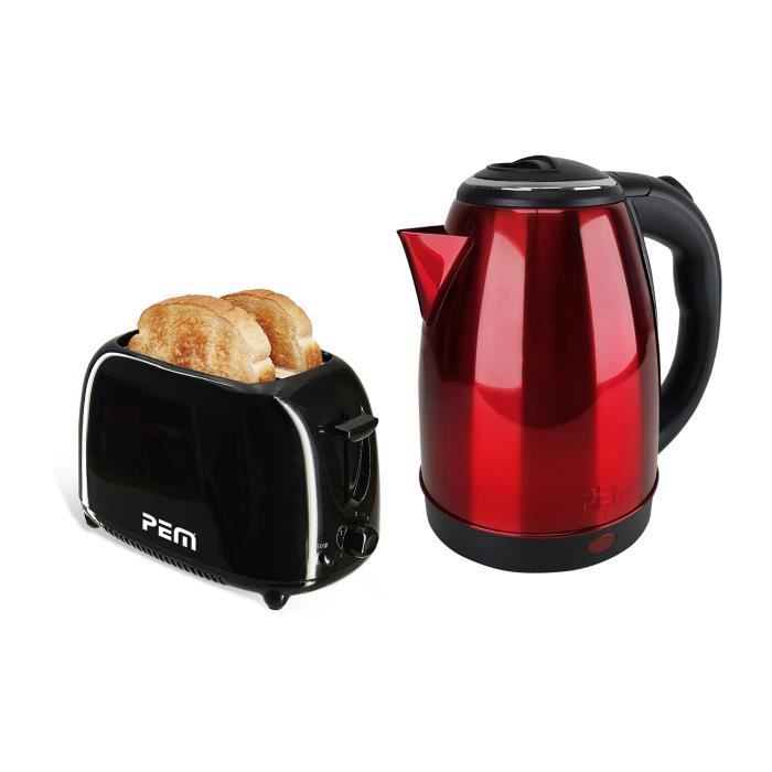 Bouilloire en inox Rouge - 1500W 1.8L + Grille pain 2 fentes 700W - 6 positions