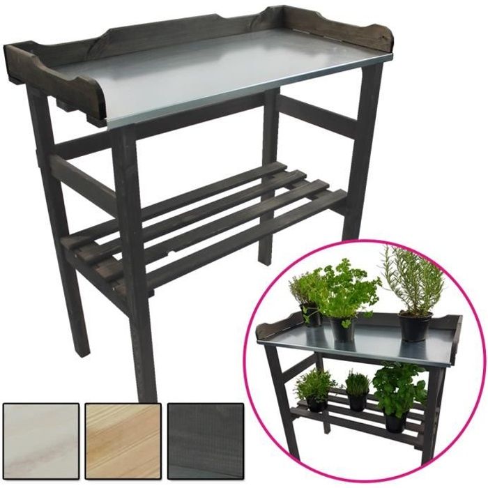Table de rempotage 82 cm en anthracite – Table de jardin pour pots de fleurs en bois FSC® impregné et surface de travail en métal