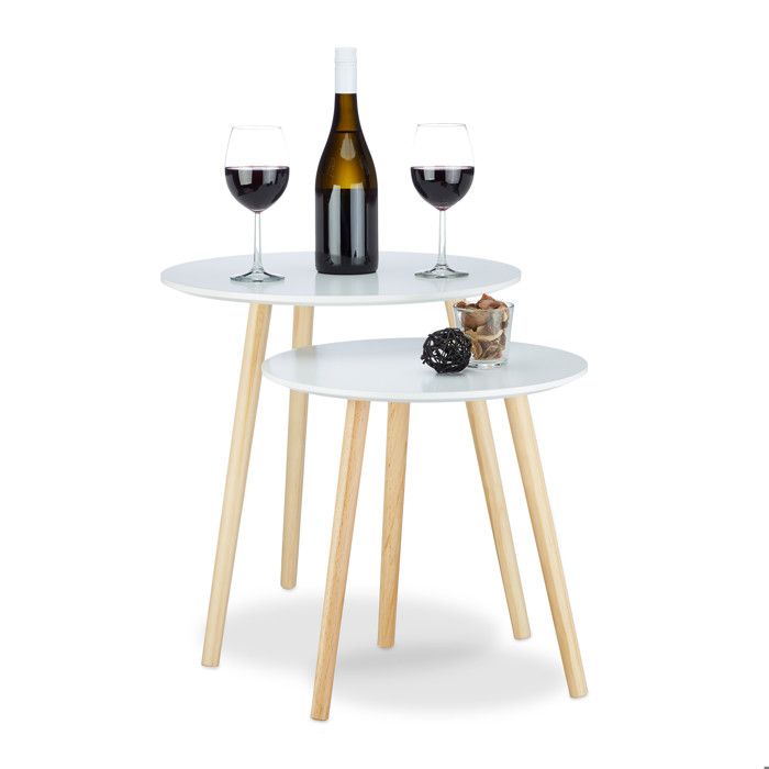 Relaxdays 10020985 Table d'appoint lot de 2 gigognes scandinave nordique table basse ronde salon diamètre 39 et 47,5 cm, blanc natu