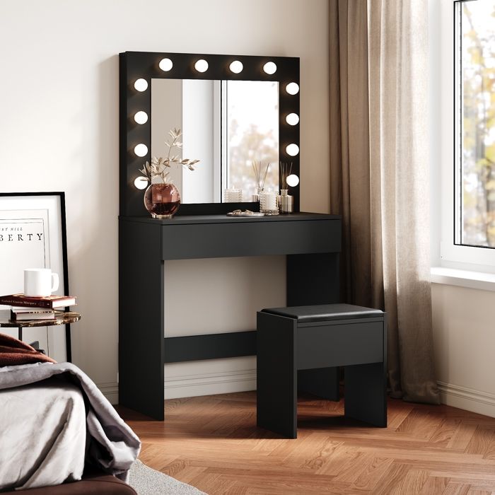 SIRHONA Coiffeuse avec Miroir et TabouretEnsemble de Coiffeuse avec Ampoules LED à Intensité VariableGrand TiroirNoir80x40x140cm