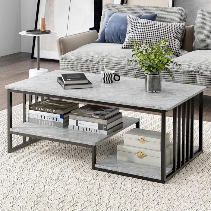 COSTWAY Table Basse Salon Double Plateau Effet Marbre - Style Moderne Élégant, 105x55x46,5 Cm, Blanc Doré, Cadre Métal Robuste