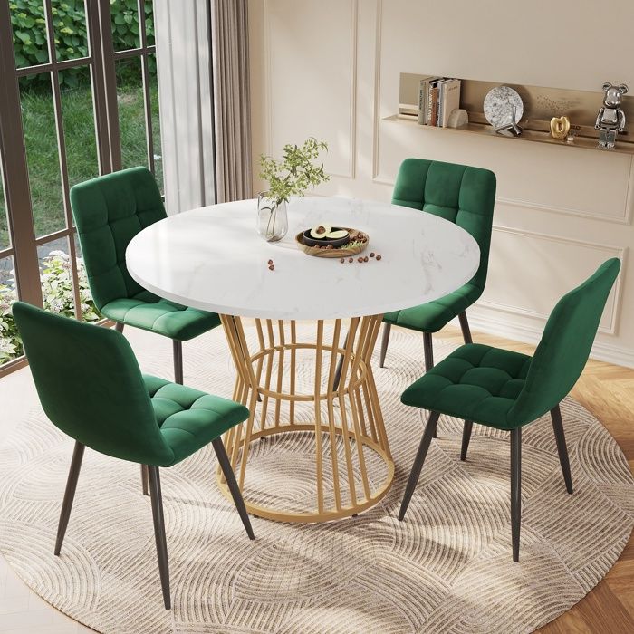 Ensemble Table à Manger avec 4 ChaisesTable de Cuisine Blanc RondeTable et ChaisesChaises de Salle à Manger en Velours Vert