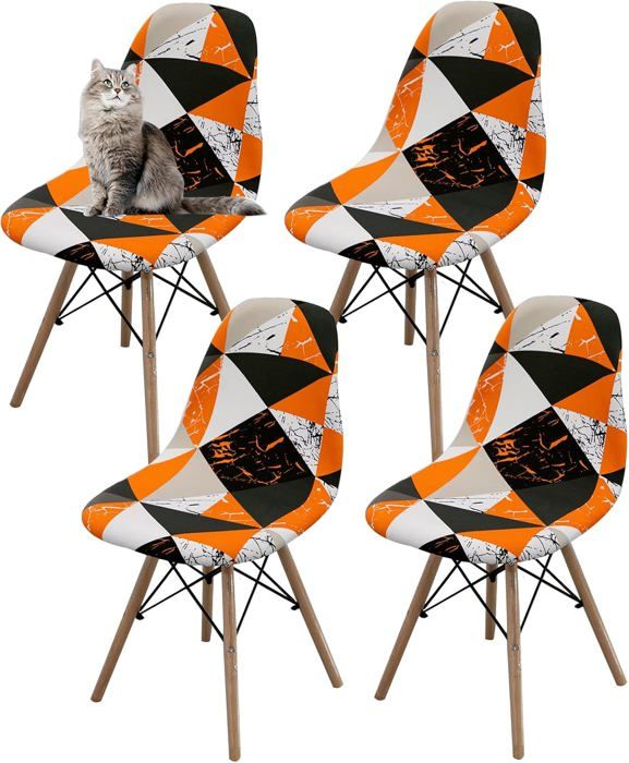 4Pcs Housse de Chaise Scandinaves Extensible Housse de Chaise de Salle à Manger géométrie orange noir