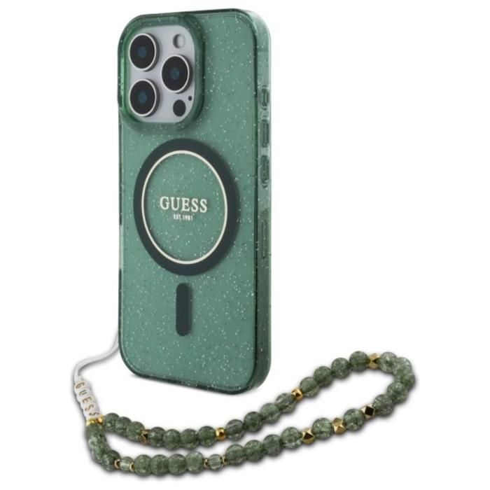 Coque Guess IML Glitter avec bracelet en perles MagSafe pour iPhone 16 Pro Max