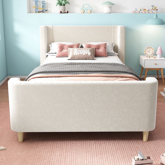 Lit enfant rembourré 90x200 cm Lit simple - SWEIKO - Velours Beige Lit enfant rembourré 90x200 cm Lit simple - SWEIKO - Velours Beige