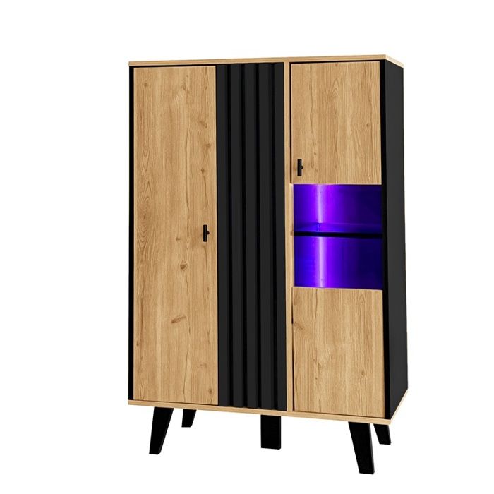 Armoires Latérales Buffet Vitrines Avec Verre Et Éclairage LED Laminé Bois Et Noir Design Unique Polyvalent 80x40x120cm Armoires Latérales Buffet Vitrines Avec Verre Et Éclairage LED Laminé Bois Et Noir Design Unique Polyvalent 80x40x120cm