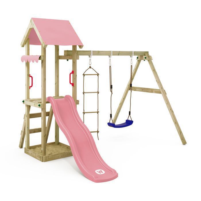 Tour de jeux WICKEY TinyCabin pour tout-petits avec balançoire et toboggan rose pastel – 10 ans de garantie*