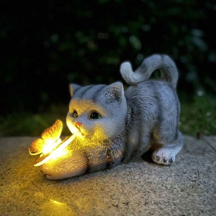 Figurine de chat décorative pour jardin Layout Chat mignon Papillon Ornements en résine Lampes solaires