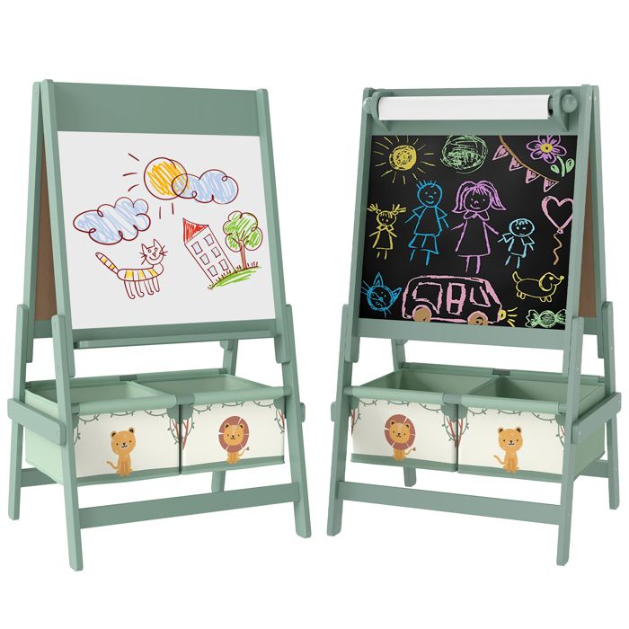 Tableau enfant 3 en 1 - AIYAPLAY - double face - tableau noir et blanc - rouleau de papier - 2 paniers de rangement - 3-8 ans - vert