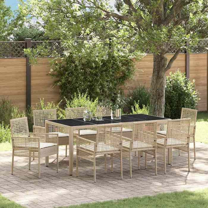 vidaXL Ensemble de dîner de jardin 9 pièces avec coussins Poly Rattan - vue 6