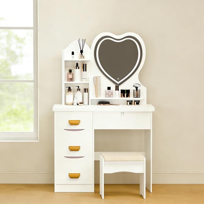 Coiffeuse avec Miroir LED en Cœur et Tabouret - FIANAO - 4 Tiroirs Étagères Ouvertes Éclairage 3 Couleurs - 80x40x135cm