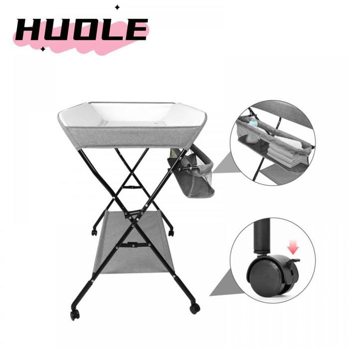HUOLE - Table à langer pliable et portable réglable en hauteur sur 4 positions avec roulettes silencieuses verrouillables gris