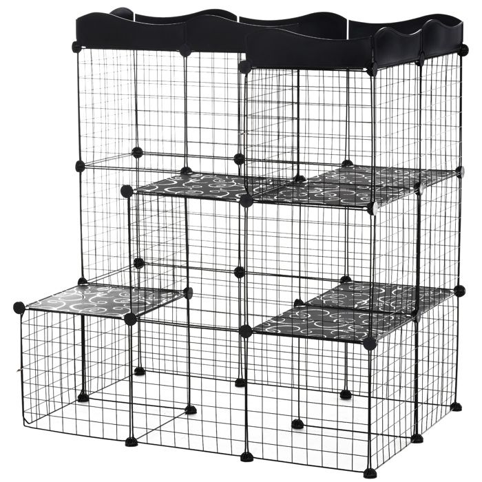 Cage parc enclos pour petits animaux chats visons modulable 3 niveaux 2 portes rampe fil métallique 105 x 70 x 105 cm noir