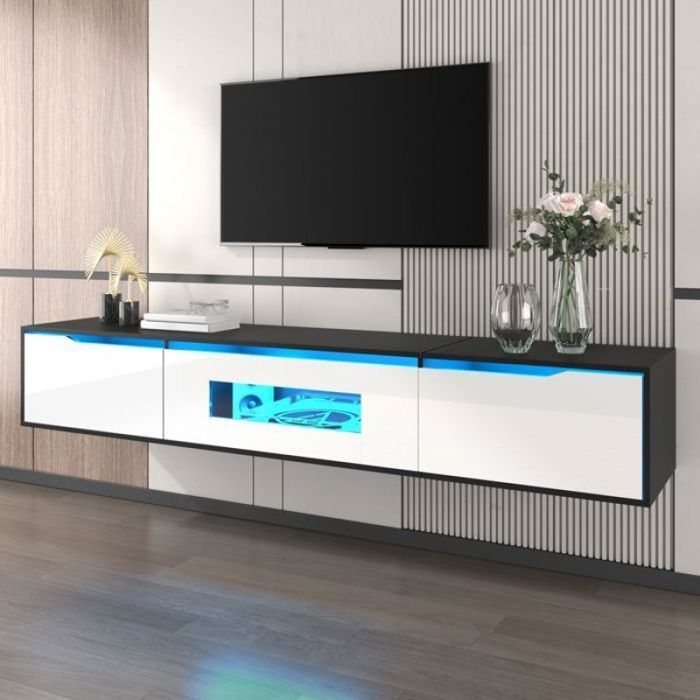 Meuble TV brillant noir et blanc avec éclairage LED à variation de couleur et ports USB. Meuble TV moderne mural pour salon 180