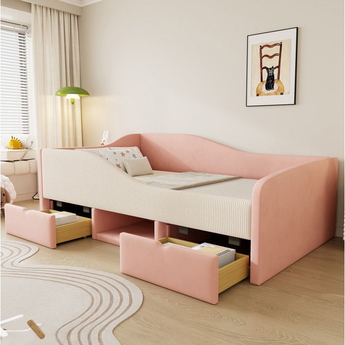 Lit banquette enfant 90x190 cm.rembourré. avec 2 tiroirs. sommier à lattes. barrières latérales. velours. rose