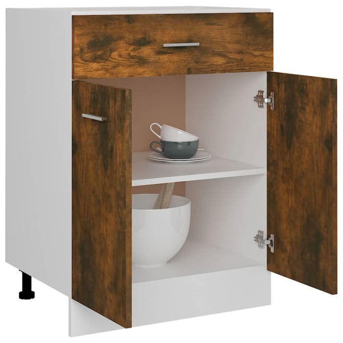 Caisson de cuisine Brun - LEMON® Armoire à tiroirs de cuisine - Armoire à vitrine - Lyon - avec rangement - Chêne fumé - 60x46x81