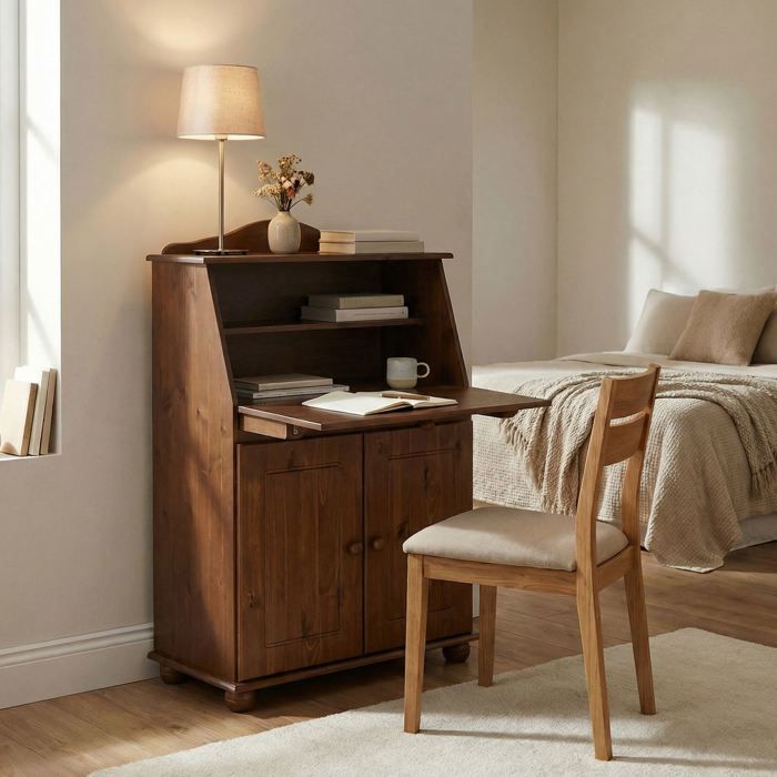 Bureau secrétaire DAVID avec abattant rangement plusieurs étagères 2 portes en pin massif brun foncé Bureau secrétaire DAVID avec abattant rangement plusieurs étagères 2 portes en pin massif brun foncé