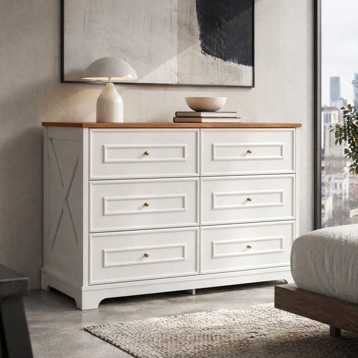 Commode 6 tiroirs. Buffet de cuisine 120x40x76 cm. style campagne rétro. MDF et panneaux de particules. blanc et naturel