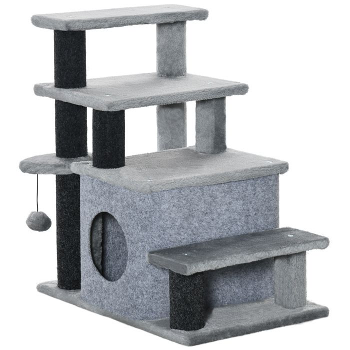 Escalier pour Chat 3/4 Marches – Gris – Niche Intégrée + Balle – Revêtement Peluche – Aide pour Animaux âgés – Charge 5 kg