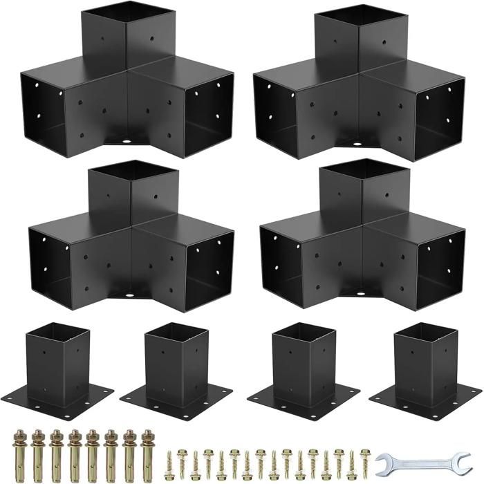 Kit Supports de Pergola 100mmx100mm Support de Poteau Bois de Menuiserie 4 Supports dangle à 3 Voies 4 Bases