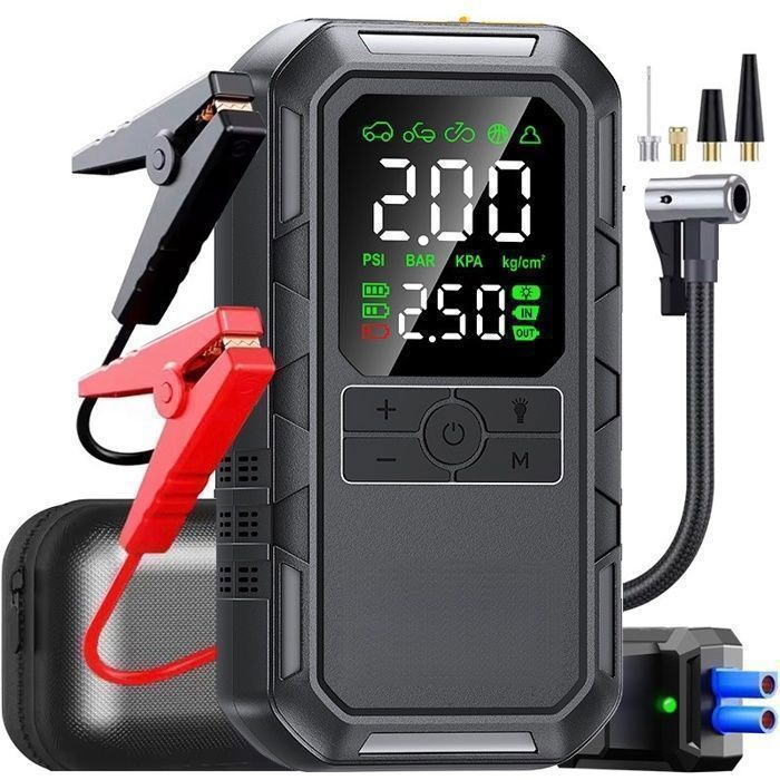 Booster Batterie Voiture Portable 2000A - Démarreur 4 en 1 Gonfleur 150PSI - Essence 7L Diesel 6L
