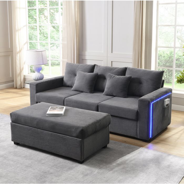 Canapé d’angle modulable 3 places gris antique ottoman 98 x 51 cm LED tissu côtelé