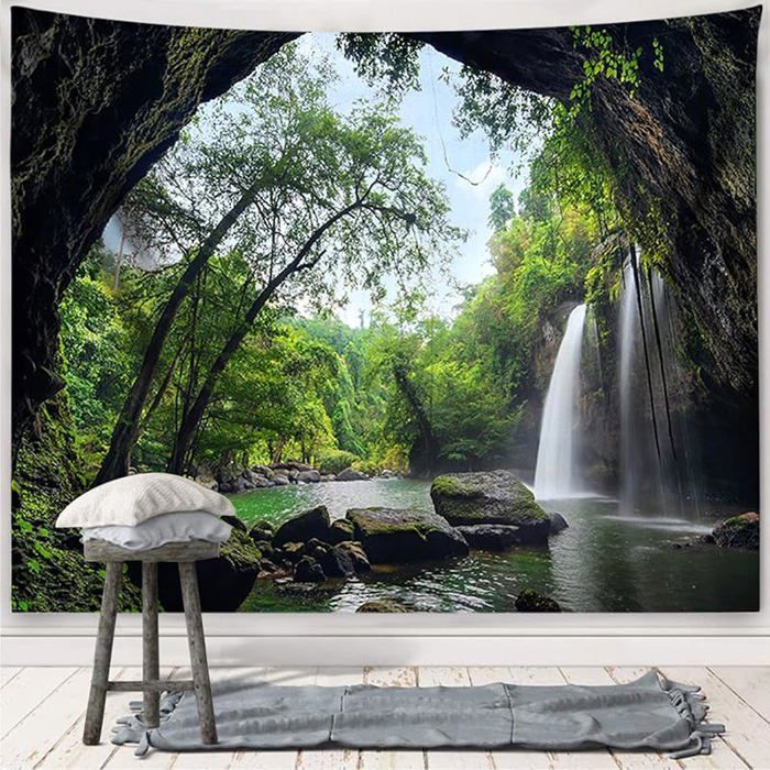 Tenture Paysage Nature Tapisserie 3D Foret Trou Cascade Tapisserie Panoramique Montagne Arbre Tenture 150L x 130l cmTrou T TENTURE