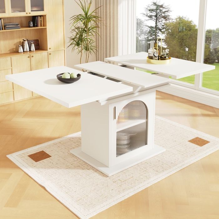 Table à manger extensible blanche avec rangements et portes en verre texturé