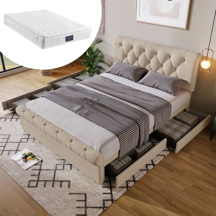 Lit double capitonné - SOGEU - Chesterfield - 140x200 cm - 4 tiroirs - Matelas inclus