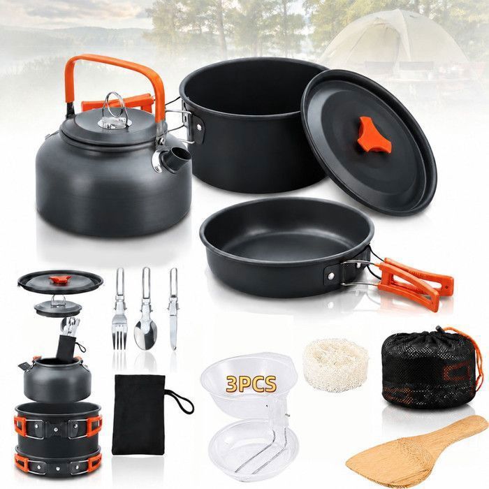 Kit de Casseroles Camping Vaisselle Camping avec Casserole Bouilloire Poêle Bols et Ustensiles Set Cuisine Camping Empilable